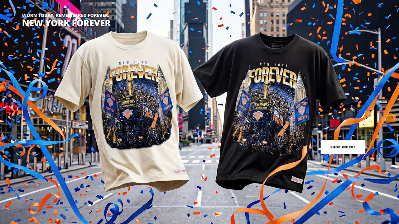 New York Knicks Mitchell & Ness 2026 NBA Finals Champions Parade T-Shirts in cream and black celebrating the Knicks' 2026 NBA Finals championship parade.