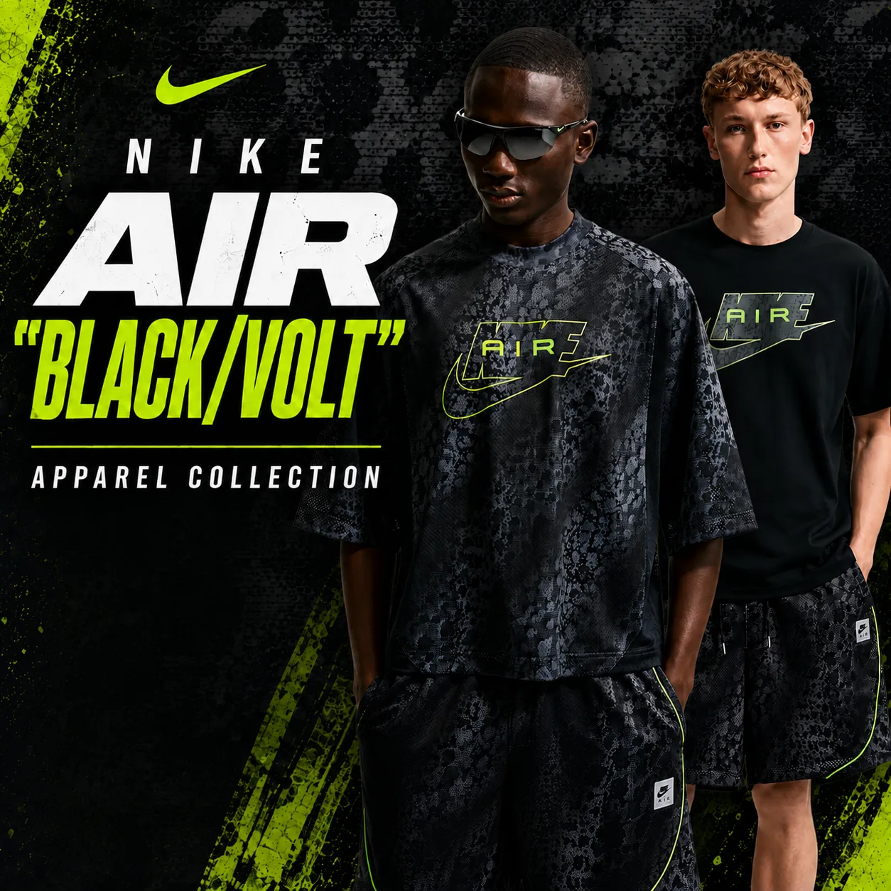 Nike Air "Black/Volt" Apparel Collection promotional graphic featuring two models wearing black and volt Nike Air apparel against a textured black background.
