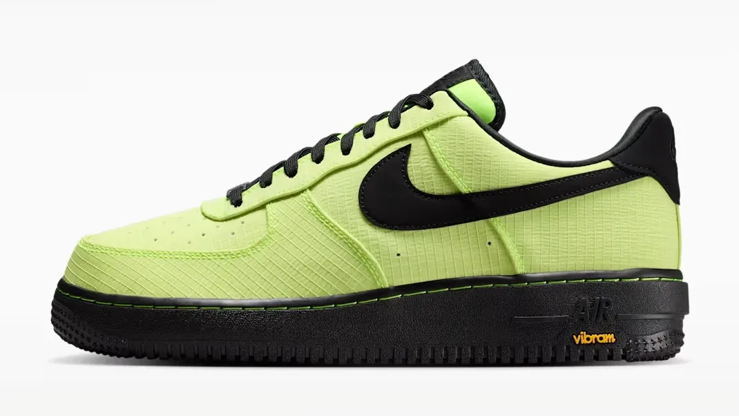 Side view of the Nike Air Force 1 '07 LX Vibram in Volt and black