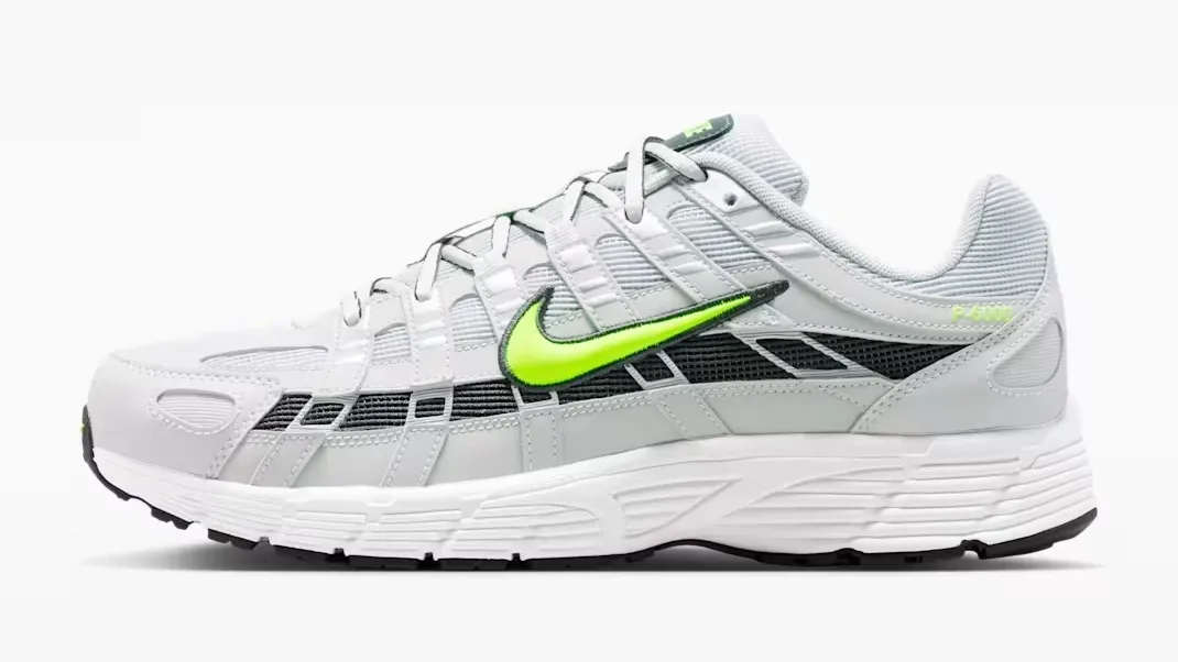 Side view of the Nike P-6000 in Light Bone, black and Volt