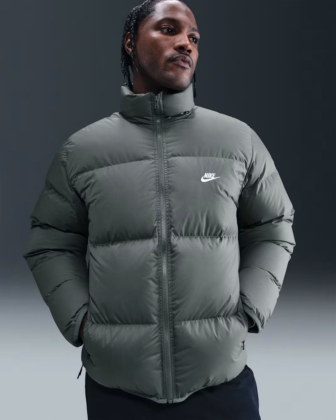Nike Sportswear Club Mens Therma FIT Puffer Jacket Iron Grey White