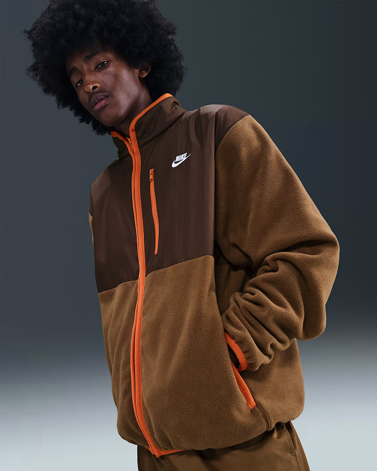 Nike Sportswear Club Mens Winterized Full Zip Jacket Mosswood Brown Baroque Brown White Orange 1