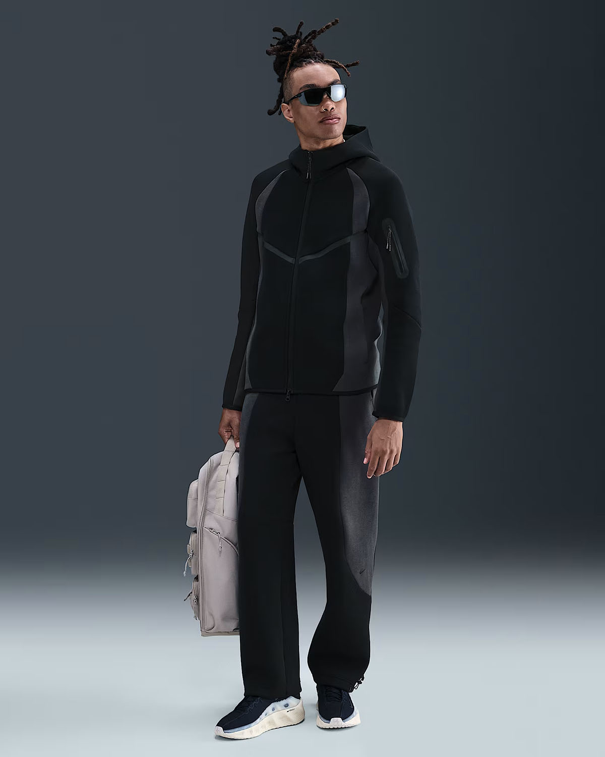Nike Tech Fleece Mens Color Block Full Zip Windrunner Hoodie Jacket and Pants Black Anthracite Outfit