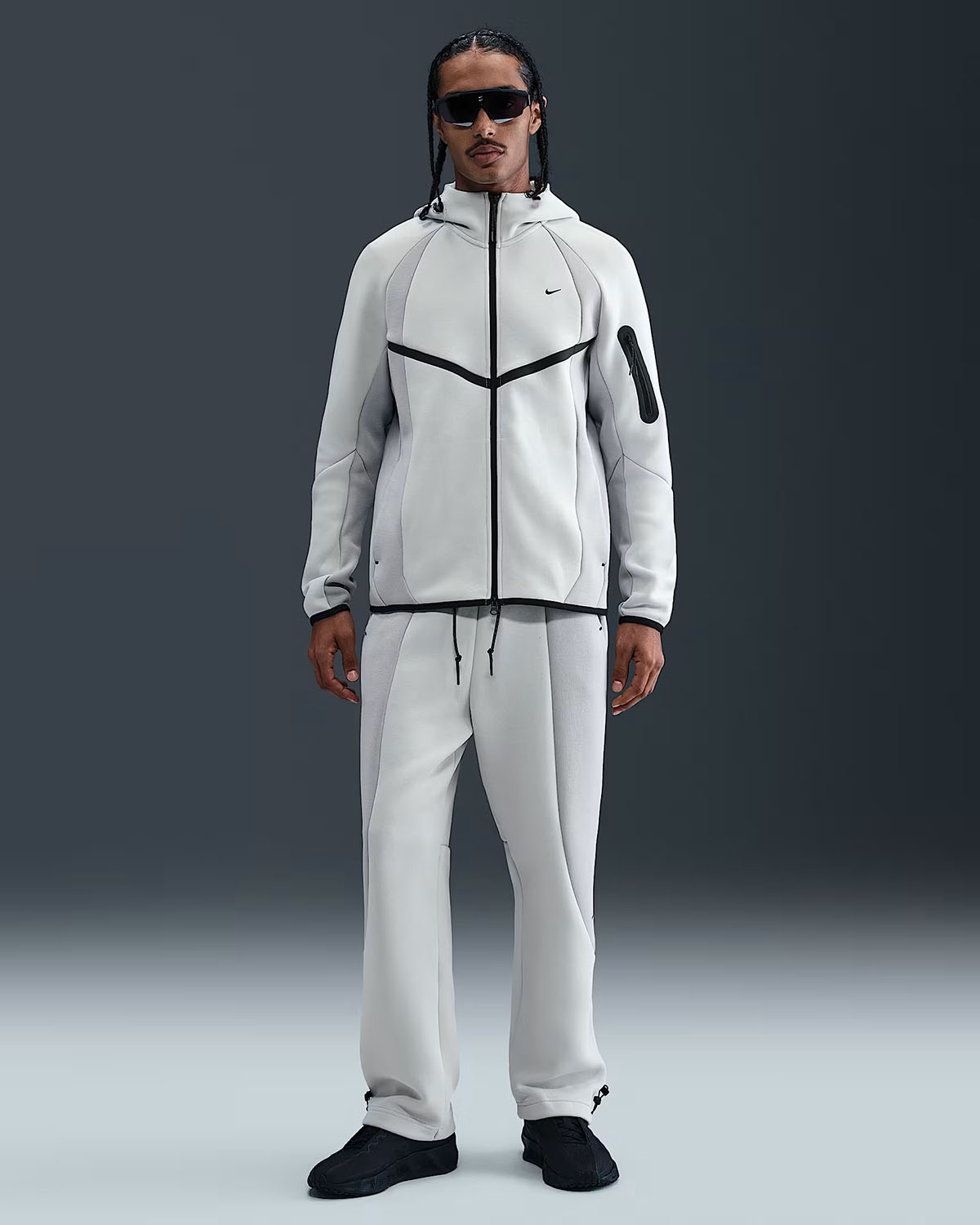 Nike Tech Fleece Mens Color Block Full Zip Windrunner Hoodie Jacket and Pants Light Silver Light Smoke Grey Black Outfit