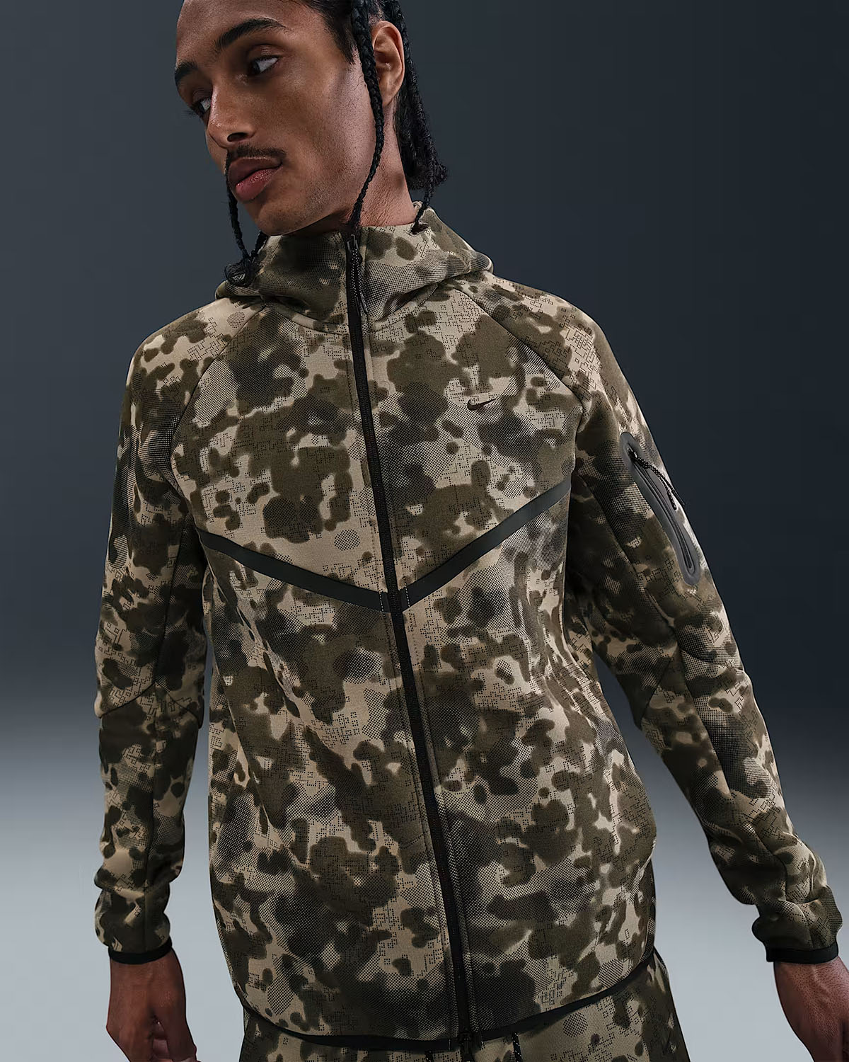 Nike Tech Fleece Mens Full Zip Camo Windrunner Hoodie Jacket Neutral Olive Black 1