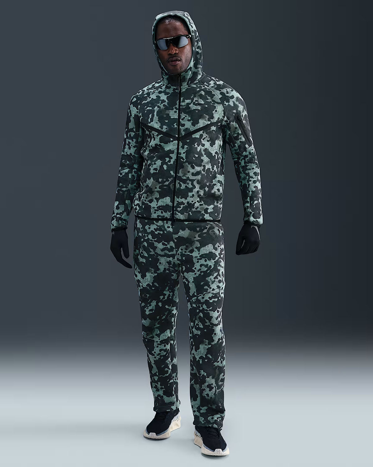 Nike Tech Fleece Mens Full Zip Camo Windrunner Hoodie Jacket and Pants Cannon Black Outfit