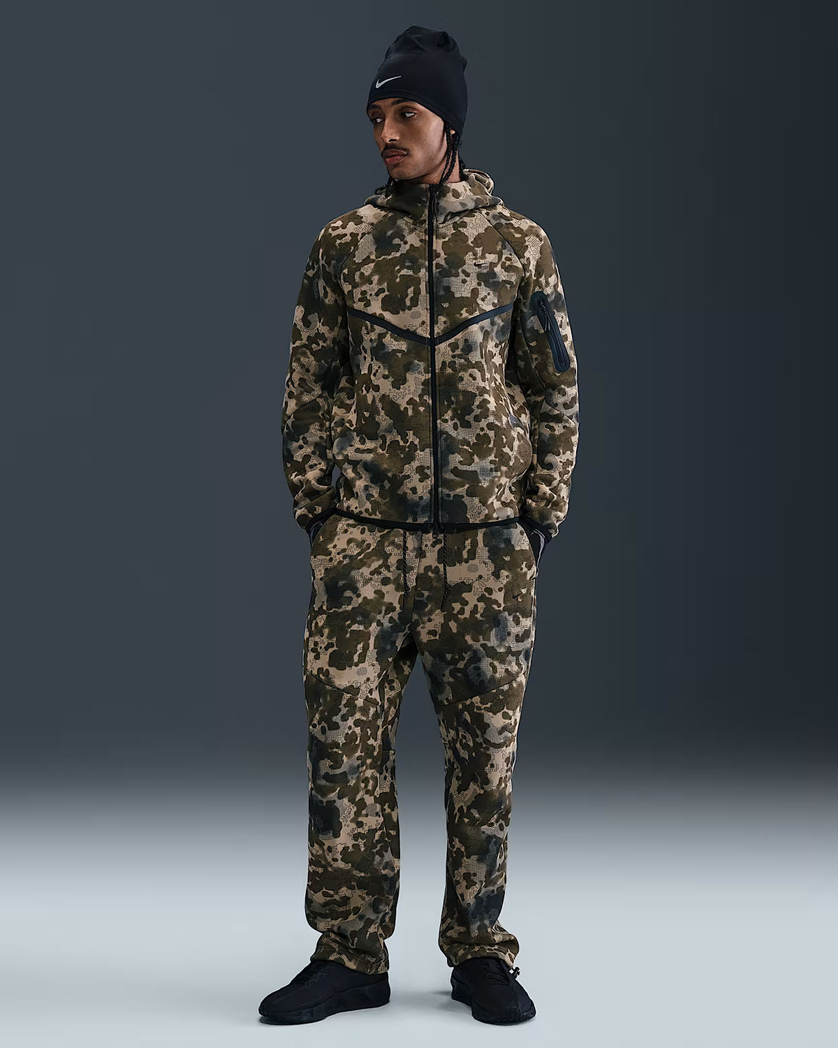 Nike Tech Fleece Mens Full Zip Camo Windrunner Hoodie Jacket and Pants Neutral Olive Black Outfit