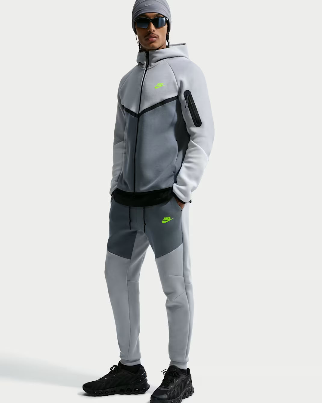 Nike Tech Fleece Men's Full Zip Hoodie and Joggers Pants Light Smoke Grey Cool Grey Volt