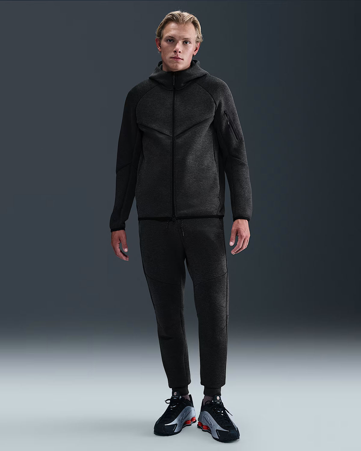 Nike Tech Fleece Mens Full Zip Windrunner Hoodie Jacket and Jogger Pants Black Heather