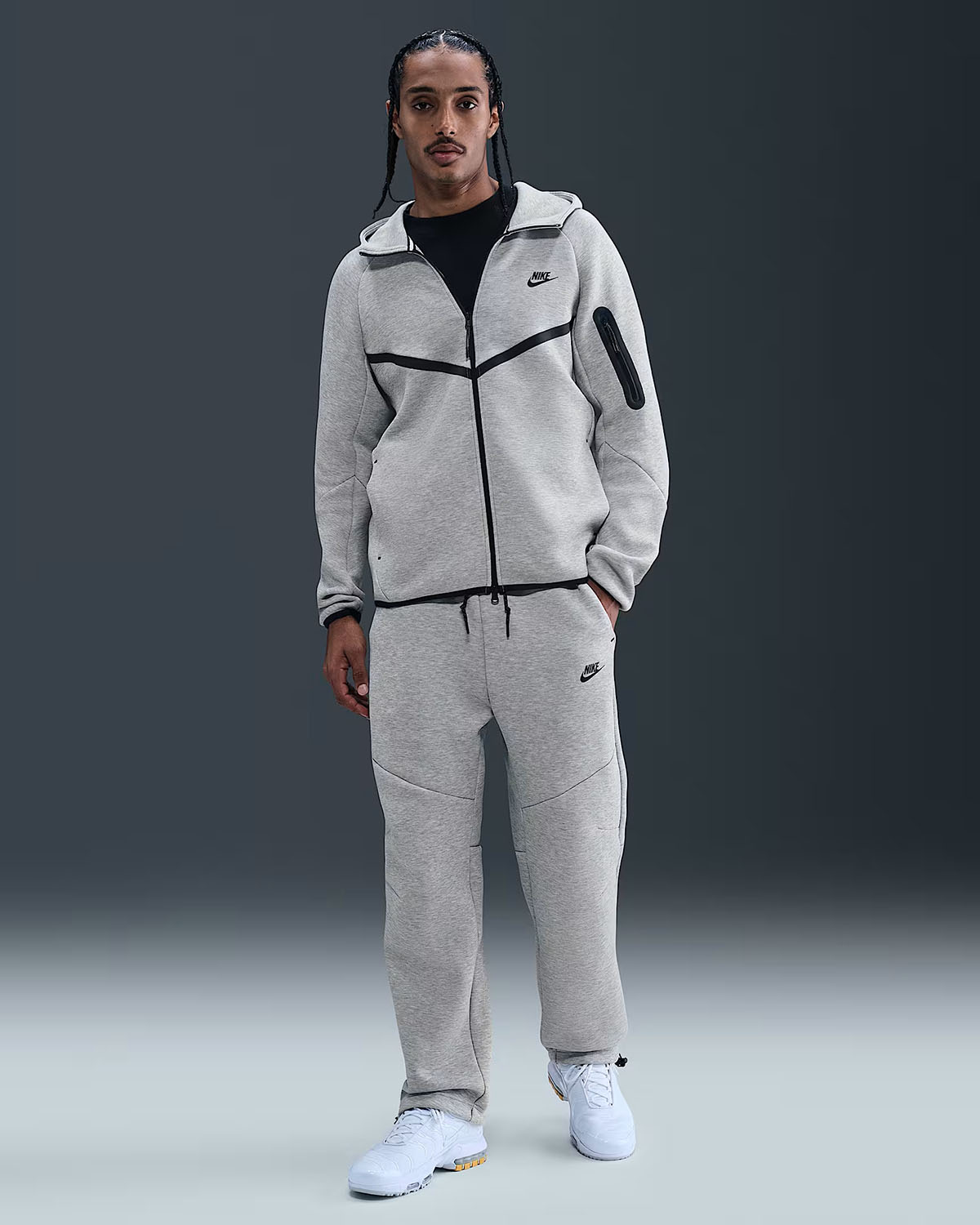Nike Tech Fleece Mens Full Zip Windrunner Hoodie Jacket and Open Hem Pants Dark Grey Heather Black Outfit