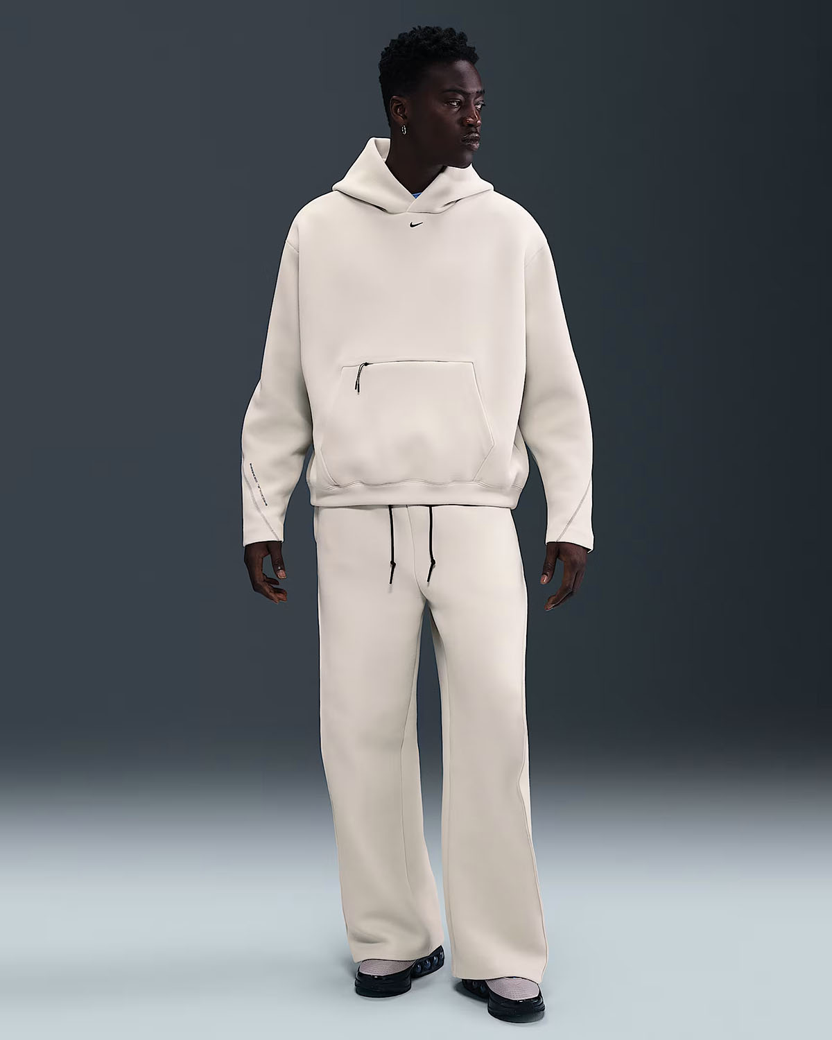 Nike Tech Fleece Mens Oversized Hoodie and Open Hem Pants Light Bone Black Outfit