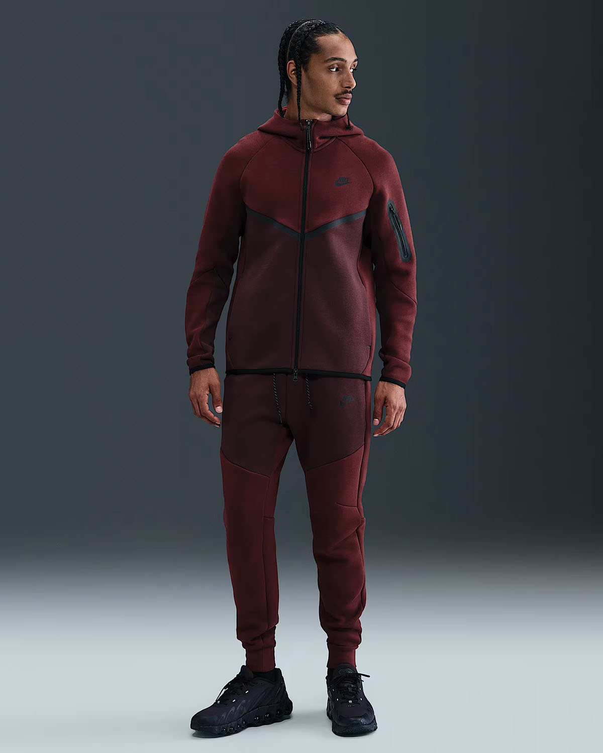 Nike Tech Fleece Mens Windrunner Full Zip Hoodie Jacket and Jogger Pants Dark Team Red Burgundy Crush Black