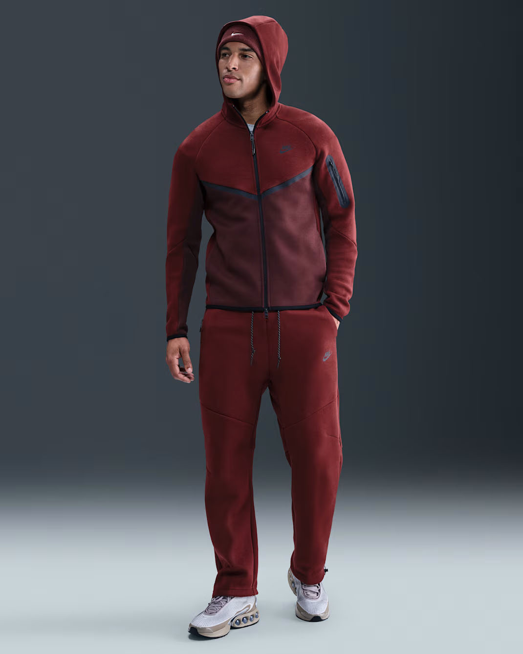 Nike Tech Fleece Open Hem Pants and Hoodie Dark Team Red Black