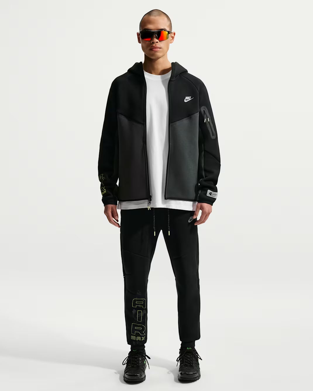 Nike Tech Mens Fleece Full-Zip Windrunner Hoodie Jacket and Jogger Pants Black Dark Smoke Grey Neon Yellow 1
