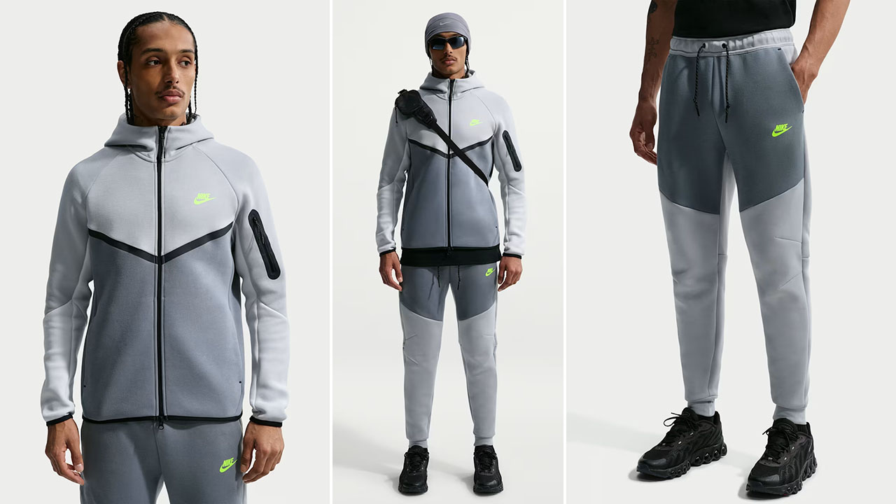 Nike Tech Fleece Full Zip Hoodie and Jogger Pants Grey Volt