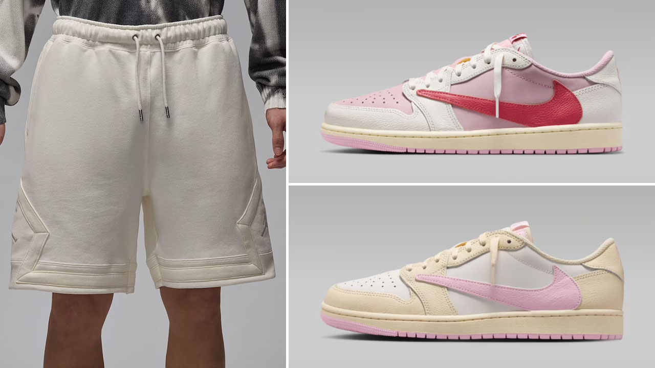 Travis Scott Air Jordan 1 Low OG Pink Pack x Jordan Flight Fleece Men’s Sail Diamond Shorts to Match Sneakers
