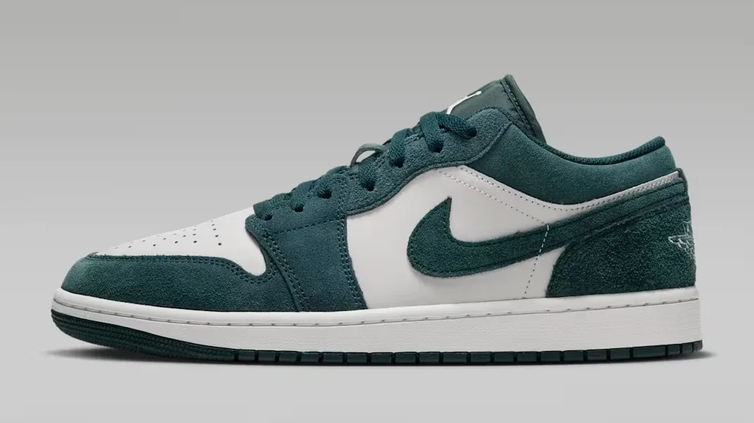 Air Jordan 1 Low in Midnight Spruce, Pale Ivory and Light Orewood Brown.