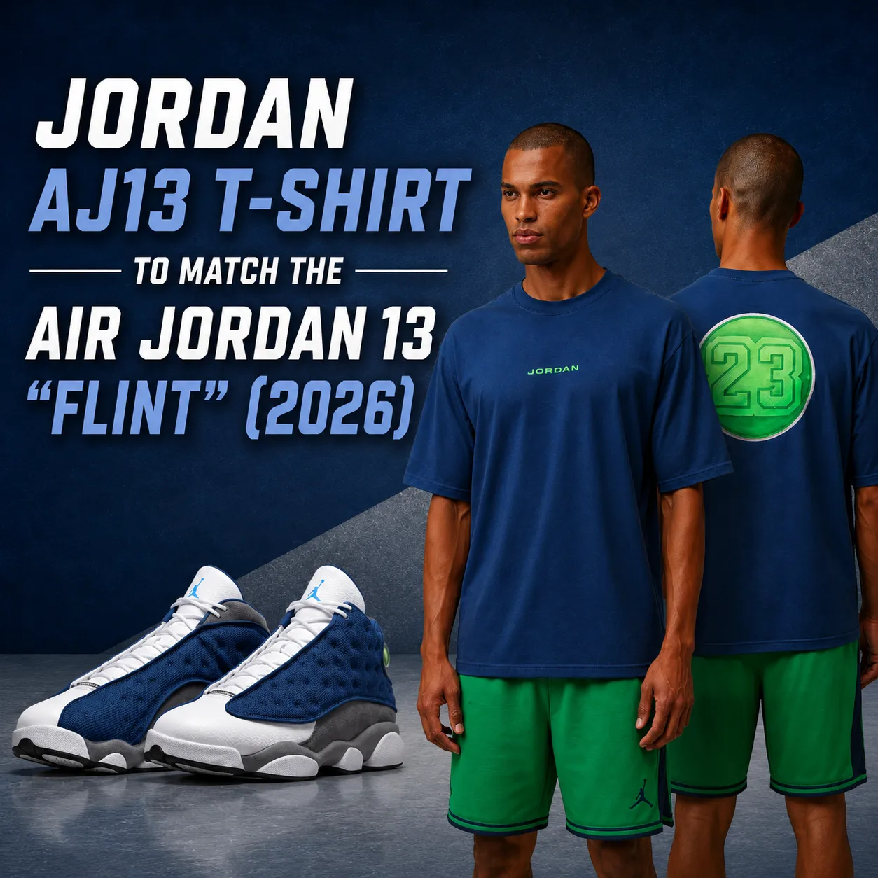 SportFits graphic featuring the Jordan AJ13 T-Shirt with the Air Jordan 13 "Flint" (2026) sneakers and the matching outfit title.