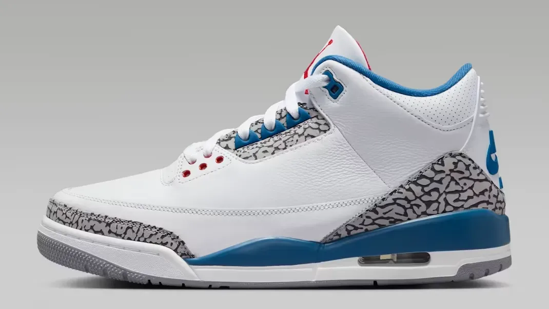 Air Jordan 3 True Blue (2026) Retro OG sneakers in white, True Blue, Cement Grey and Fire Red shown from the lateral side.