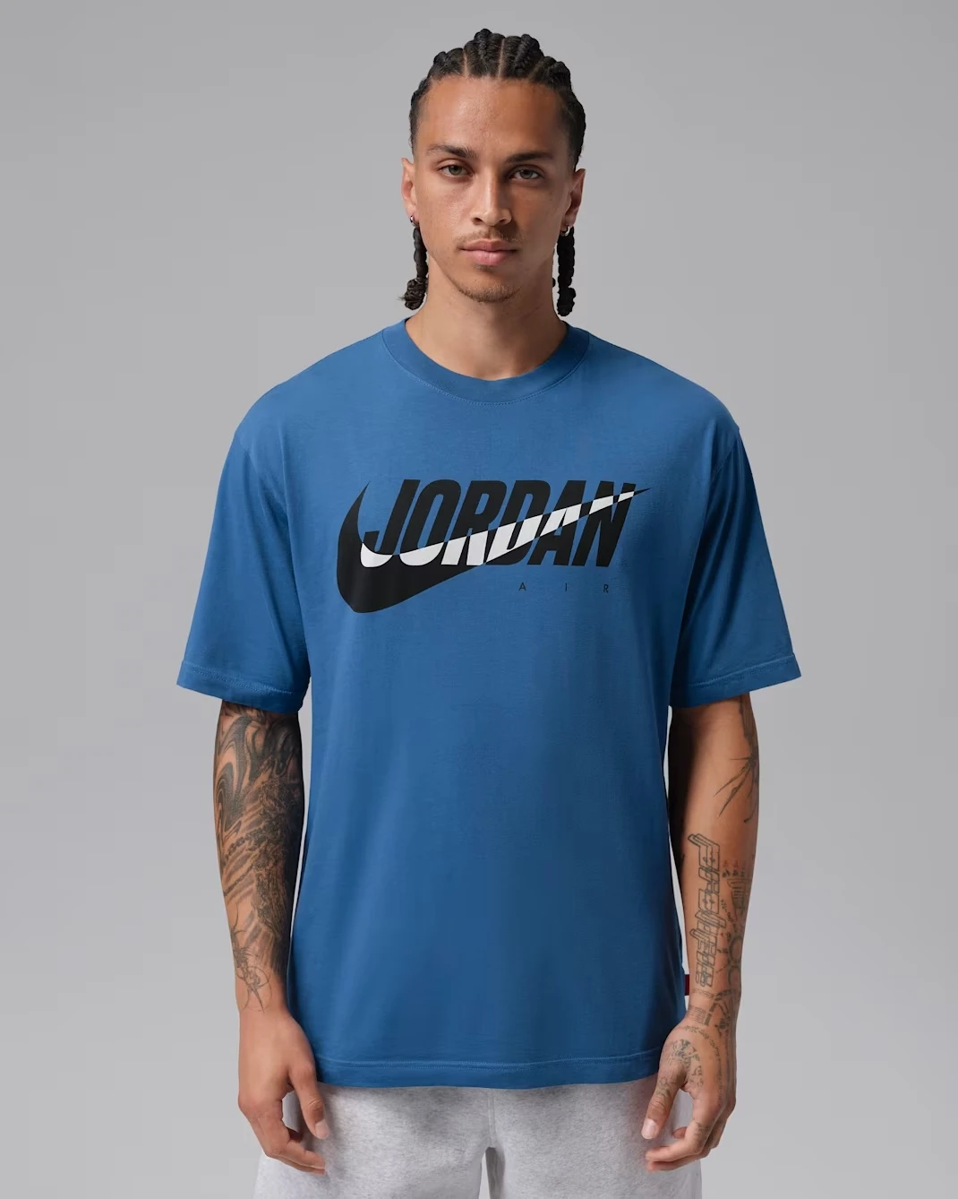 Blue Jordan Air Swoosh T-shirt styled with the Air Jordan 3 True Blue sneakers.
