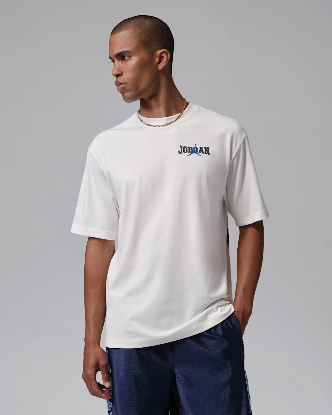 Front view of Nike Air graphic T-shirt with oversized Nike Air artwork matching the Air Jordan 3 True Blue.