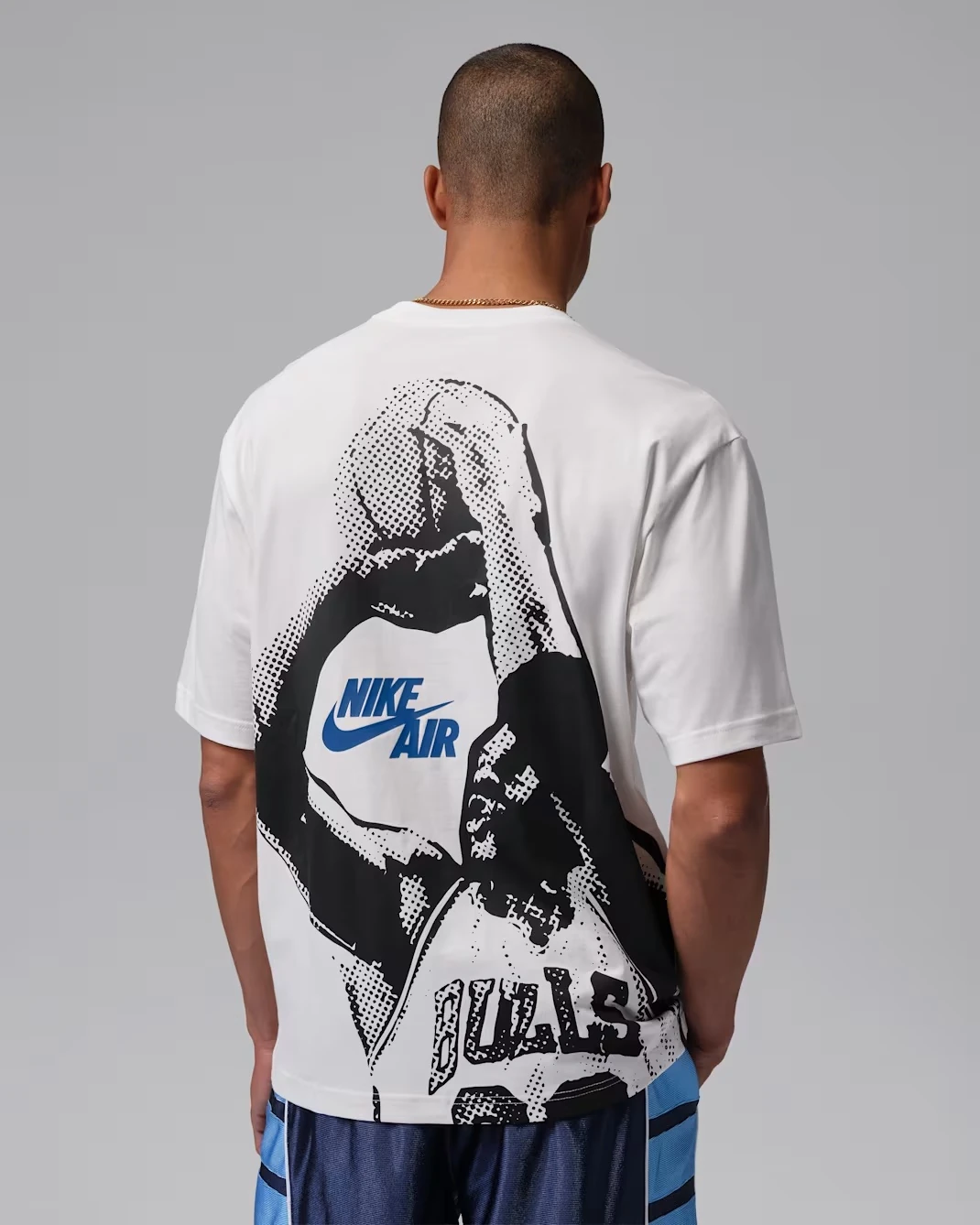 Back view of Nike Air graphic T-shirt with oversized Nike Air artwork matching the Air Jordan 3 True Blue.