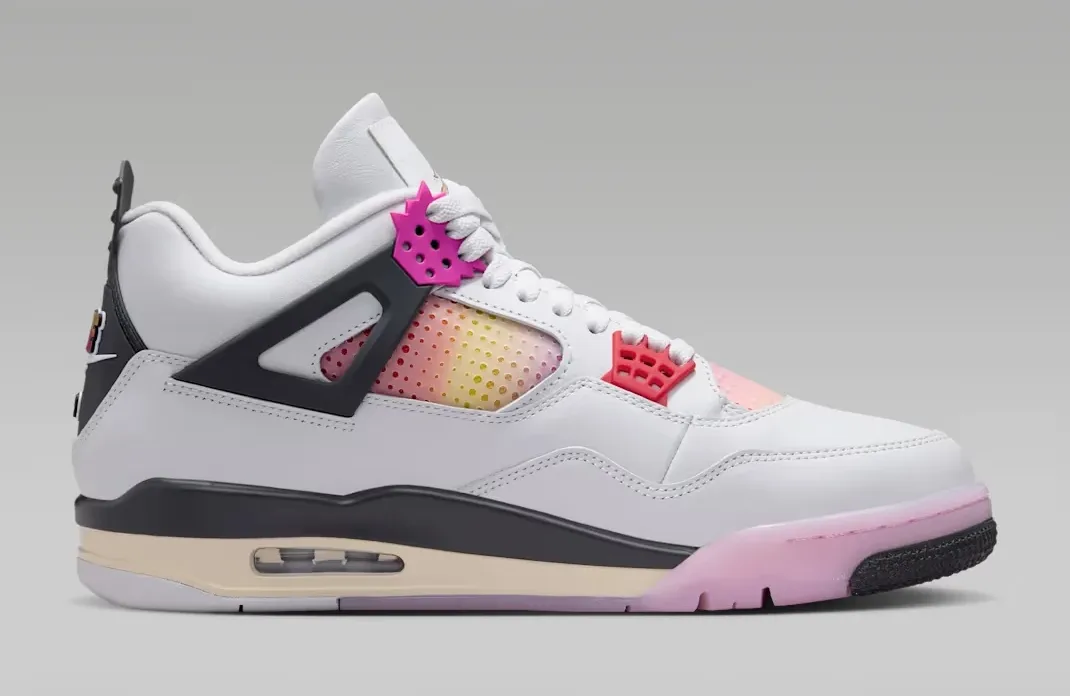 Lateral side view of the Air Jordan 4 Comic in Off-White, Anthracite and Fire Pink with gradient mesh panels.
