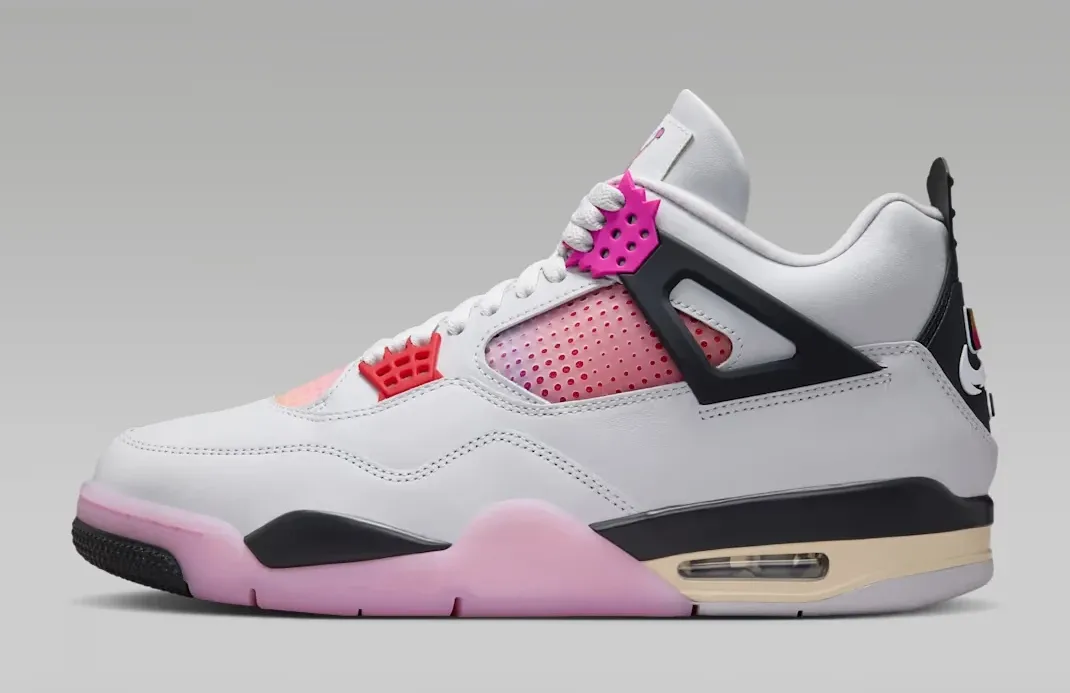 Medial side view of the Air Jordan 4 Comic featuring Off-White leather, Anthracite accents and pink outsole.