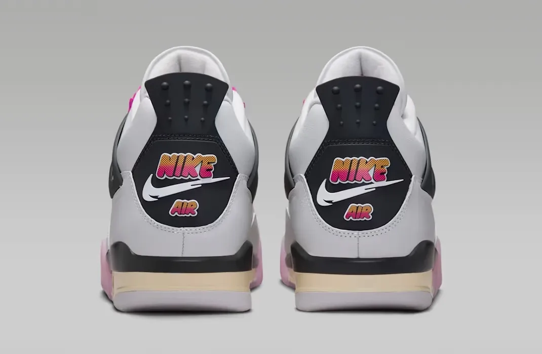 Rear view of the Air Jordan 4 Comic pair highlighting comic-style Nike Air heel branding.