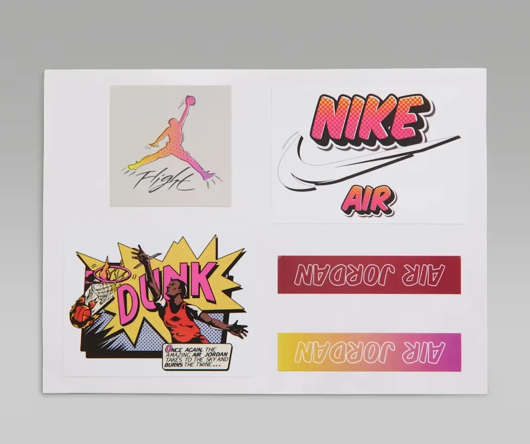 Sticker sheet included with the Air Jordan 4 Comic featuring Nike Air logos, Jumpman graphic and comic artwork.