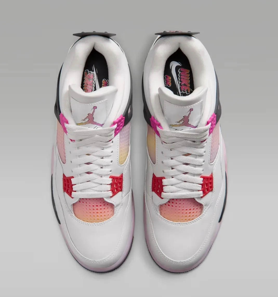 Top-down view of the Air Jordan 4 Comic showing gradient tongue logos, colorful mesh panels and white laces.