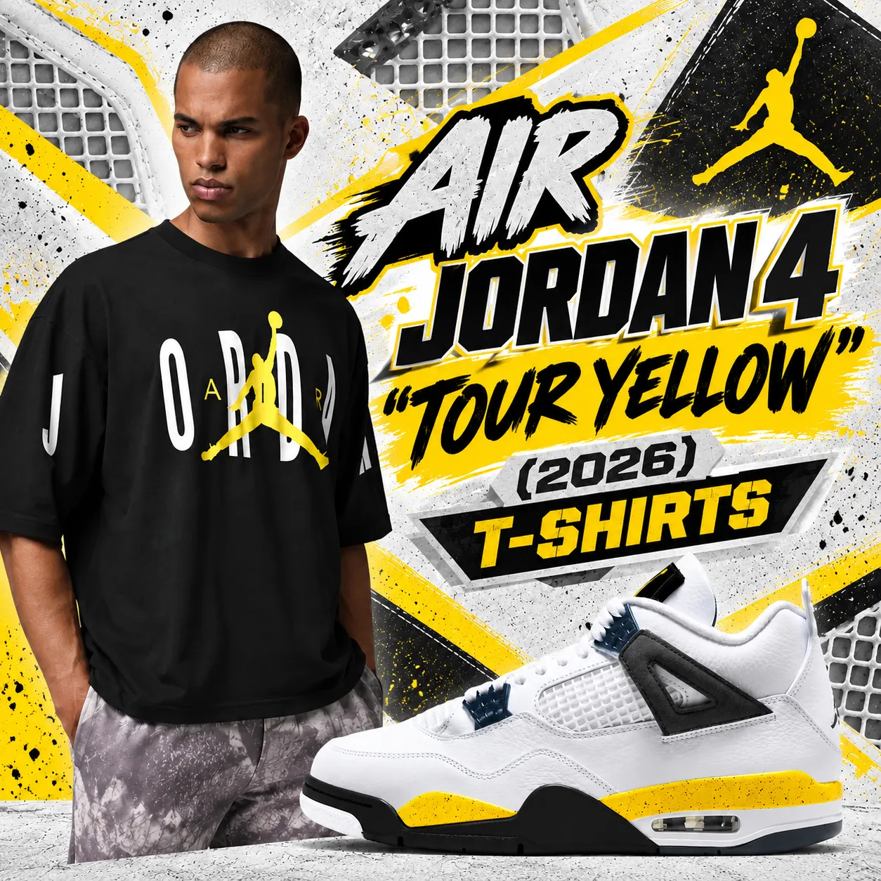 Jordan Brand black and Tour Yellow T-shirt paired with the Air Jordan 4 “Tour Yellow” 2026 sneakers.