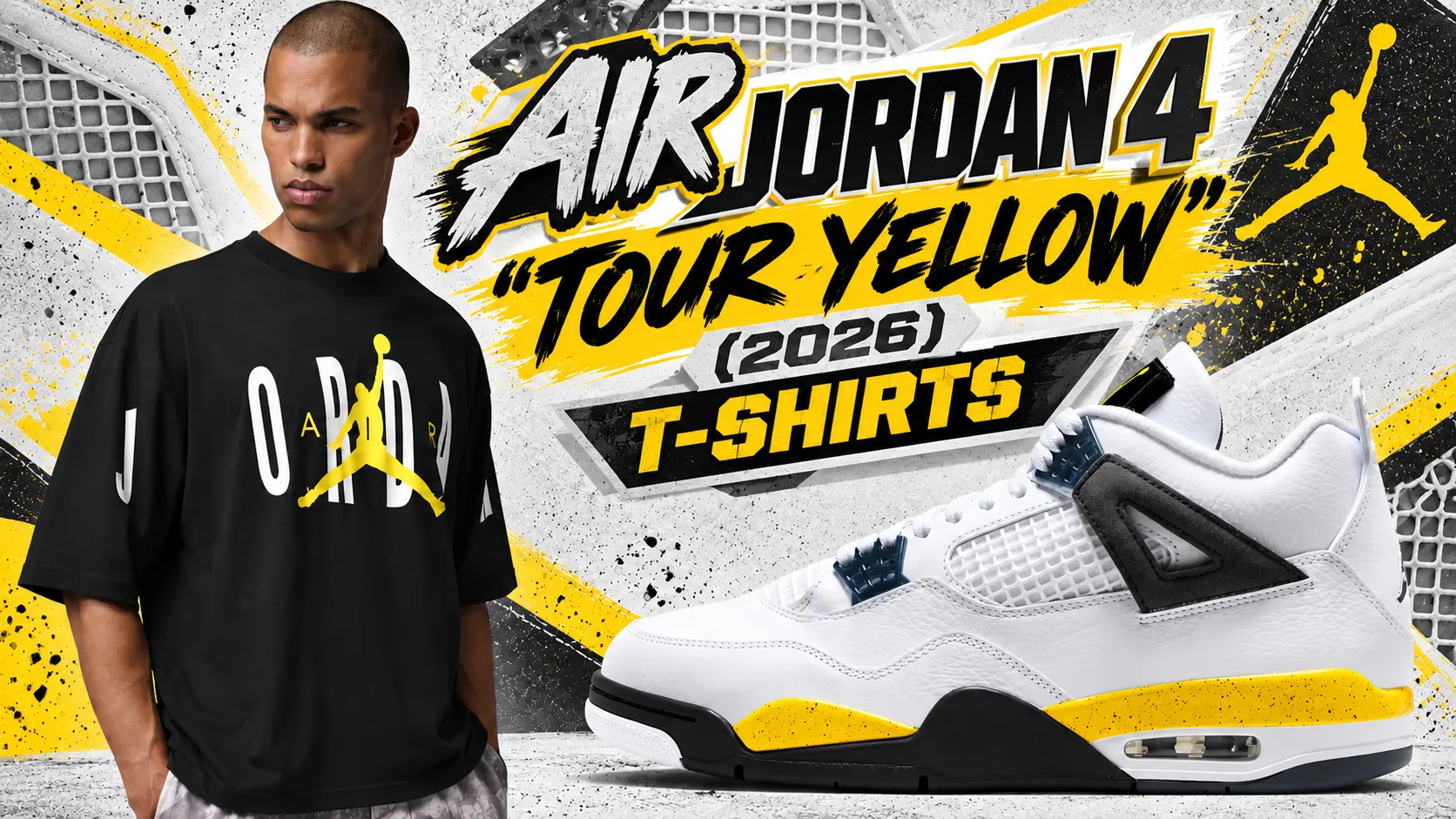 Jordan Brand black and Tour Yellow T-shirt paired with the Air Jordan 4 “Tour Yellow” 2026 sneakers.