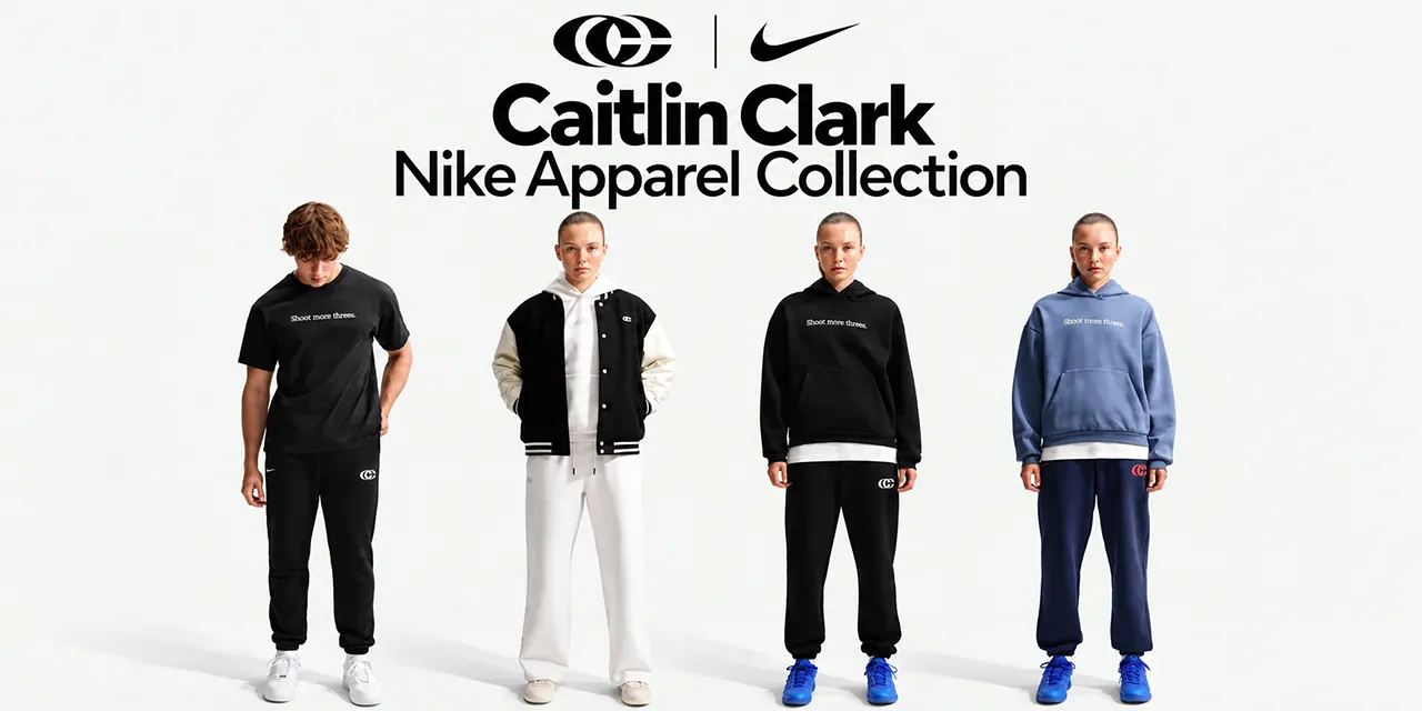 Caitlin Clark Nike Apparel Collection lead image featuring black, white and blue Nike outfits with Nike Caitlin 1 shoes, the Nike Swoosh and Caitlin Clark logo.
