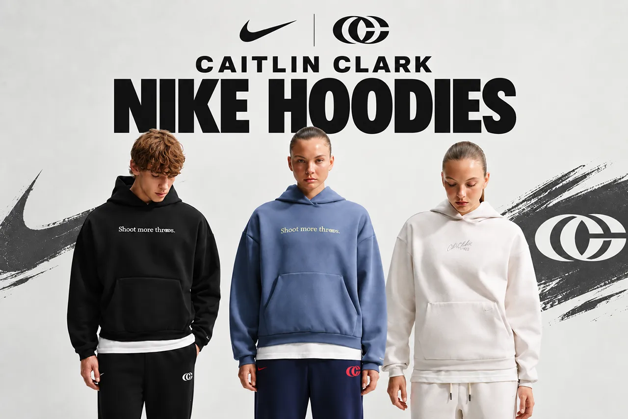 Caitlin Clark Nike Hoodies lead image featuring black, blue and sail hoodies with Nike and Caitlin Clark logos.