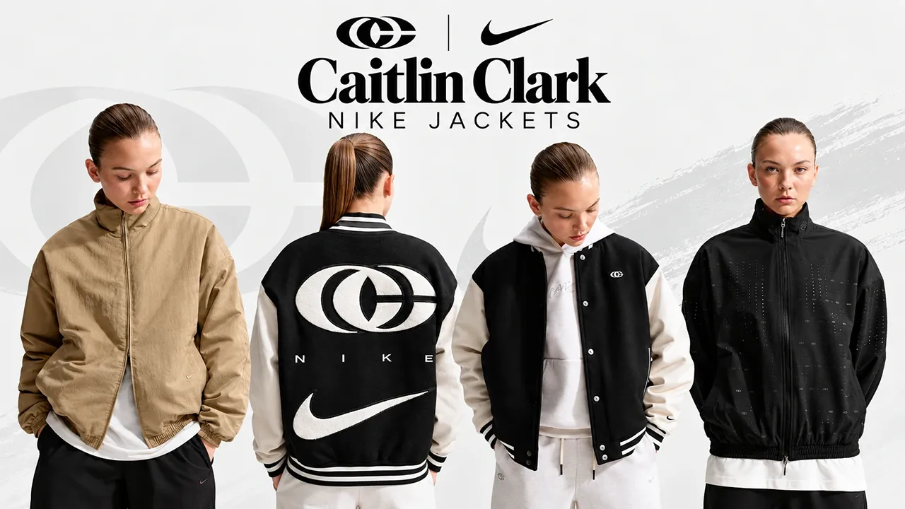 Caitlin Clark Nike Jackets lead image featuring khaki, black and sail Nike jackets styled with Nike Caitlin 1 shoes, plus Nike Swoosh and Caitlin Clark logo branding.