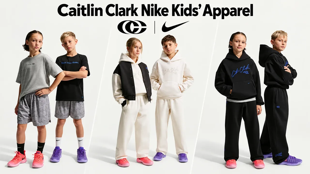 Caitlin Clark Nike Kids Apparel lead image featuring gray, sail and black outfits styled with pink and purple Nike Caitlin 1 shoes, plus Nike Swoosh and Caitlin Clark logo branding.