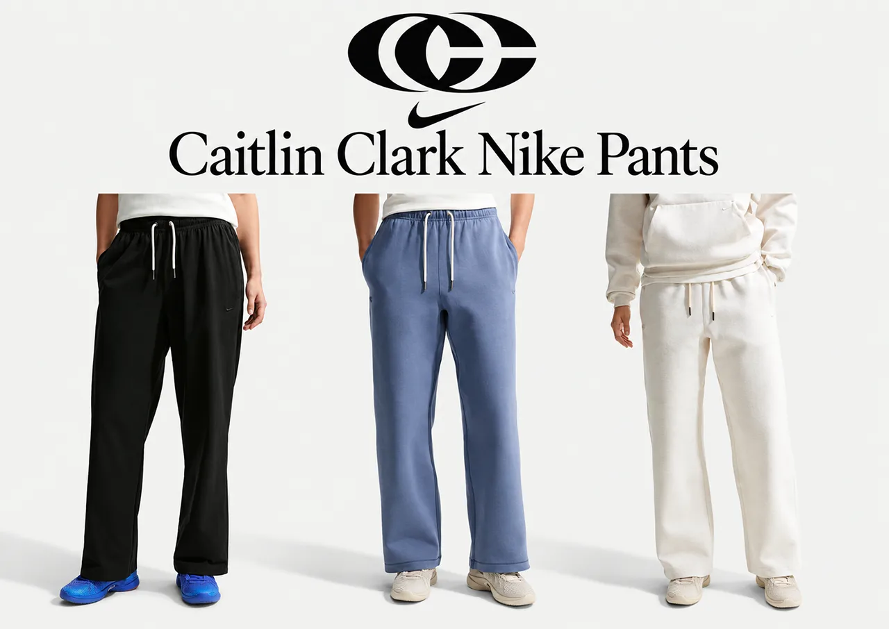 Caitlin Clark Nike Pants lead image featuring black, blue and sail Nike pants styled with Nike Caitlin 1 shoes, plus Nike Swoosh and Caitlin Clark logo branding.