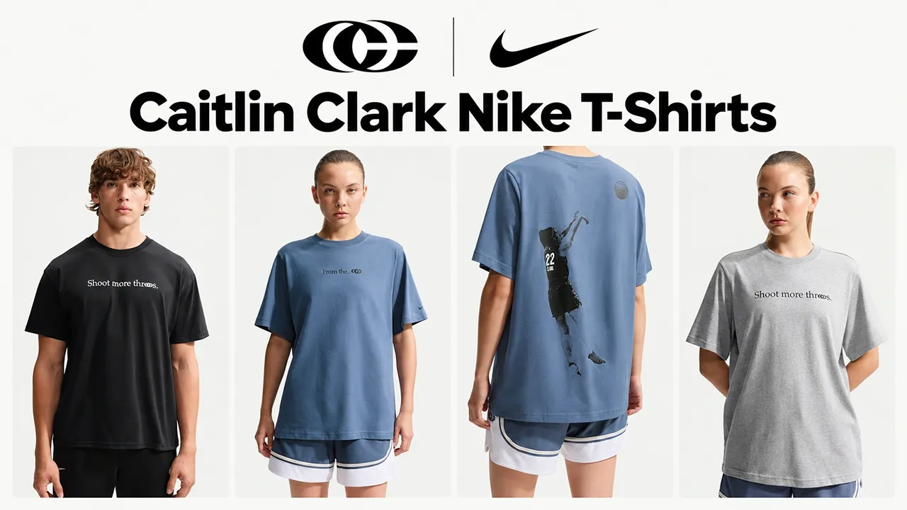 Caitlin Clark Nike T-Shirt Collection lead image featuring black, blue, gray and white Nike T-shirts styled with Nike Caitlin 1 shoes, plus Nike Swoosh and Caitlin Clark logos.