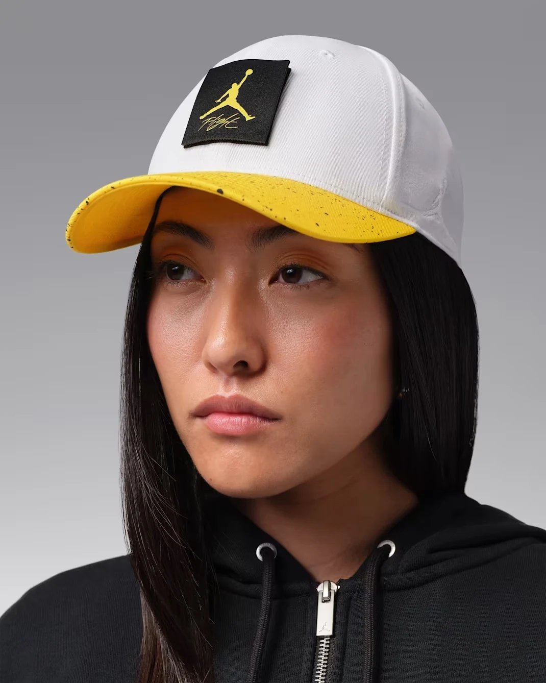 White and Tour Yellow Jordan AJ4 Rise cap with Jumpman Flight patch