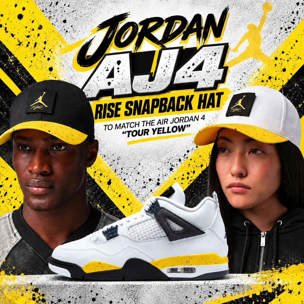 Jordan AJ4 Rise Snapback Hats in black, white and Tour Yellow with Air Jordan 4 Tour Yellow sneakers