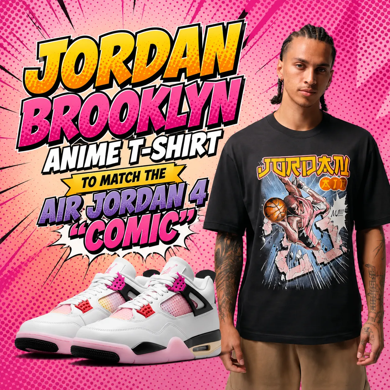Square promotional graphic featuring the black Jordan Brooklyn Anime T-Shirt alongside the Air Jordan 4 "Comic" sneakers with a comic book-inspired background and the headline "Jordan Brooklyn Anime T-Shirt to Match the Air Jordan 4 'Comic'."