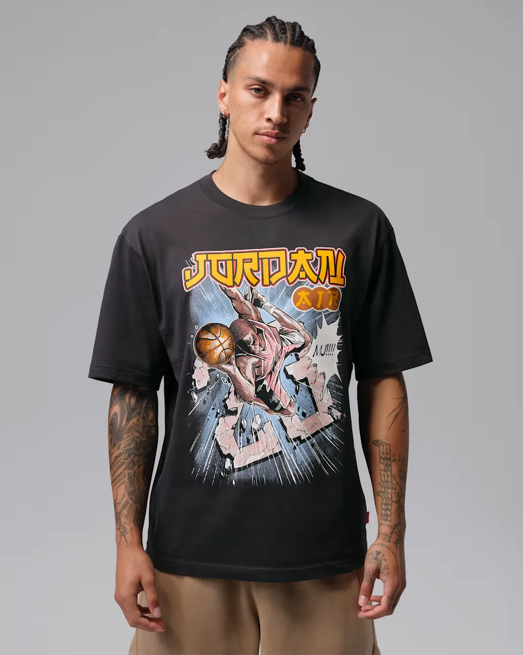 Jordan Brooklyn Anime T-Shirt in black featuring a comic-inspired Michael Jordan graphic on the front.