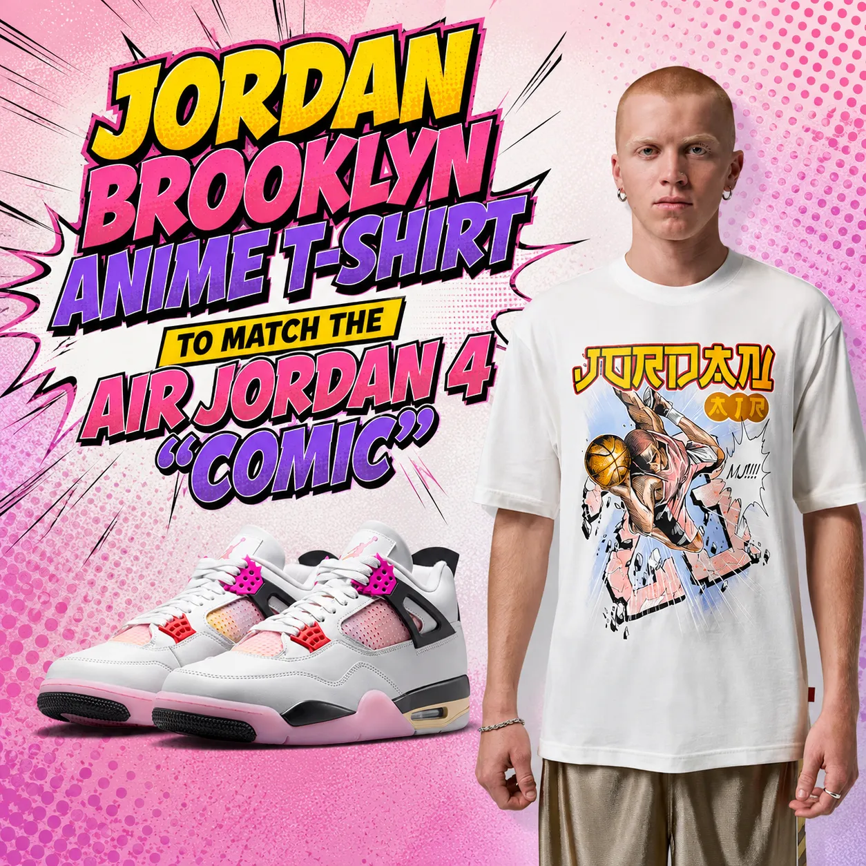 Square promotional graphic featuring the Jordan Brooklyn Anime T-Shirt alongside the Air Jordan 4 "Comic" sneakers with a comic book-inspired pink background and the headline "Jordan Brooklyn Anime T-Shirt to Match the Air Jordan 4 'Comic'."