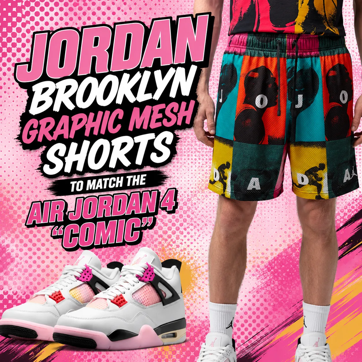 Jordan Brooklyn Graphic Mesh Shorts styled with the Air Jordan 4 "Comic" sneakers in a colorful promotional graphic featuring matching apparel and footwear.