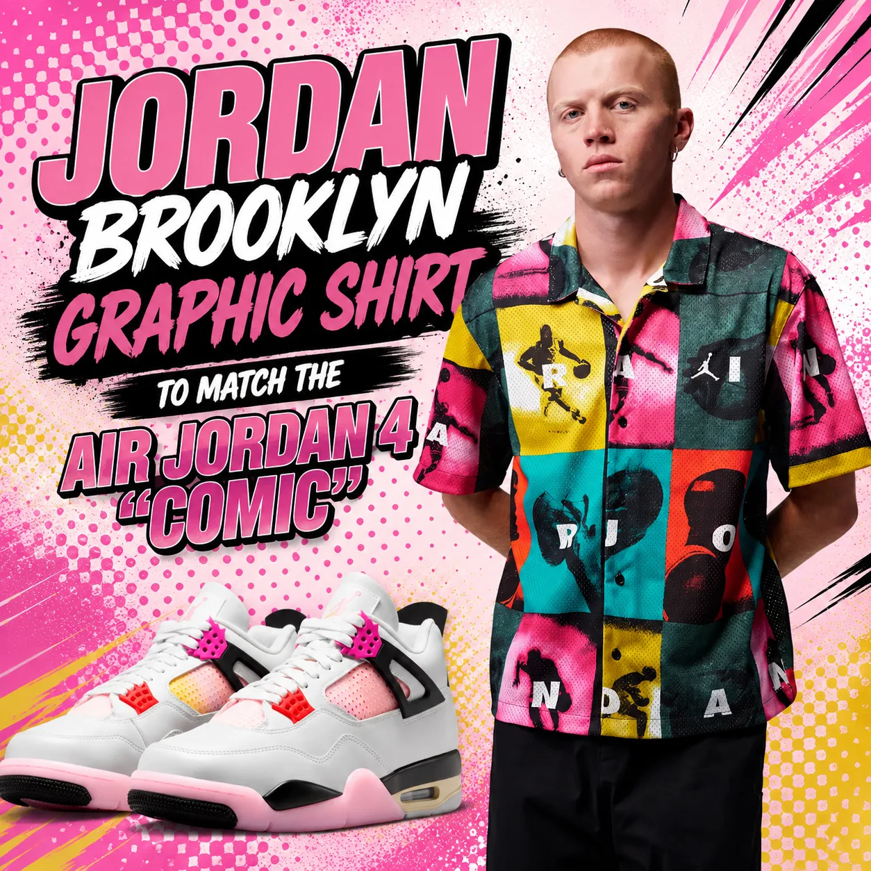 Jordan Brooklyn Graphic Shirt displayed alongside the Air Jordan 4 "Comic" sneakers on a vibrant pink comic-inspired background with matching product title text.