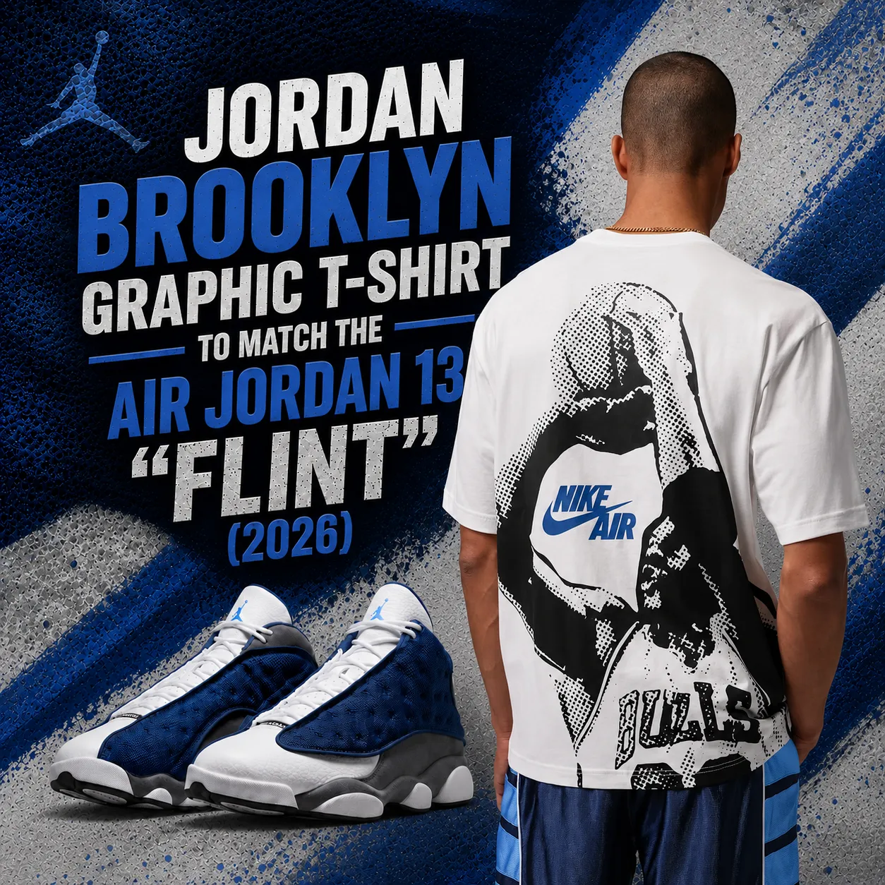 Jordan Brooklyn Graphic T-Shirt paired with the Air Jordan 13 "Flint" (2026) sneakers in a blue and gray editorial graphic with textured background.