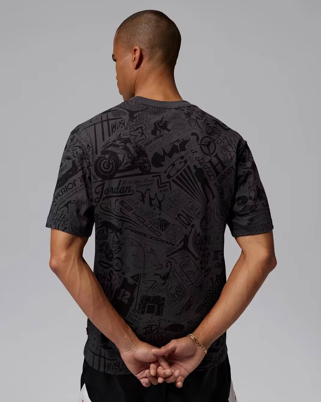 Back view of Jordan Brooklyn Laser Graphic T-Shirt in Anthracite and Black