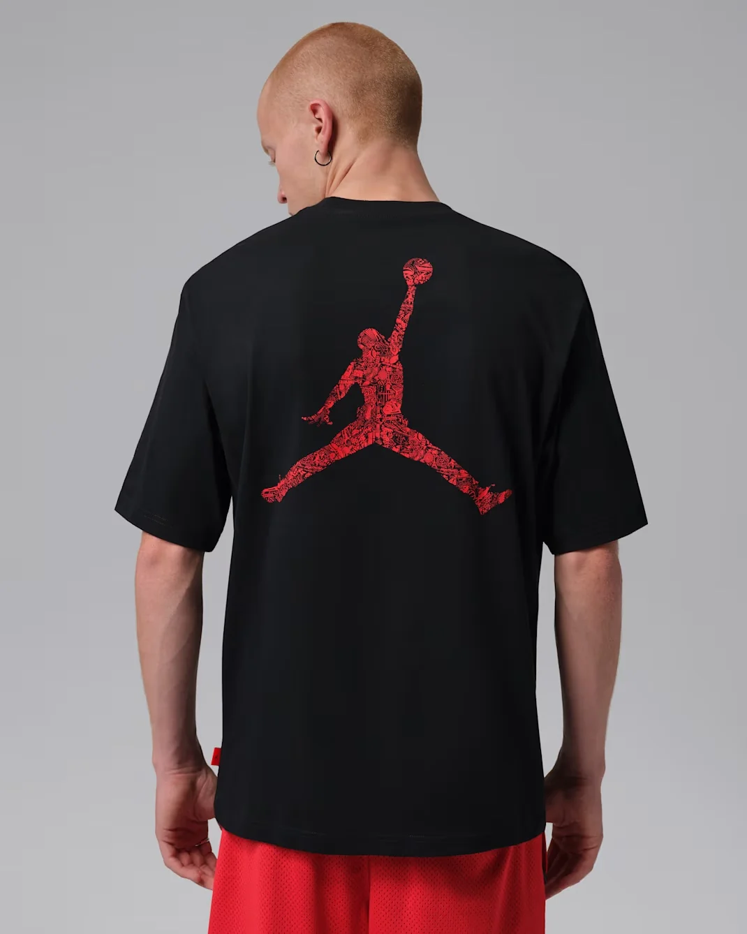 Back view of Jordan Brooklyn Laser Jumpman T-Shirt in Black and Gym Red