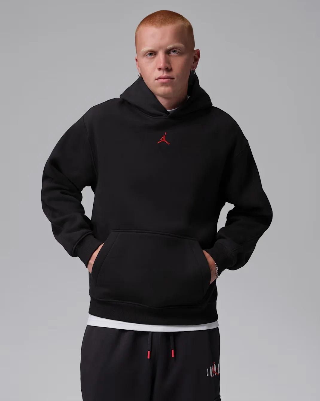 Jordan Brooklyn Pullover Hoodie in Black with Gym Red Jumpman logo